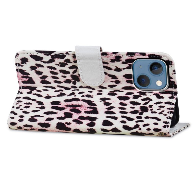 Folio-fodral iPhone 15 Plus Med Kedjar Leopardhudeffekt Med Rem