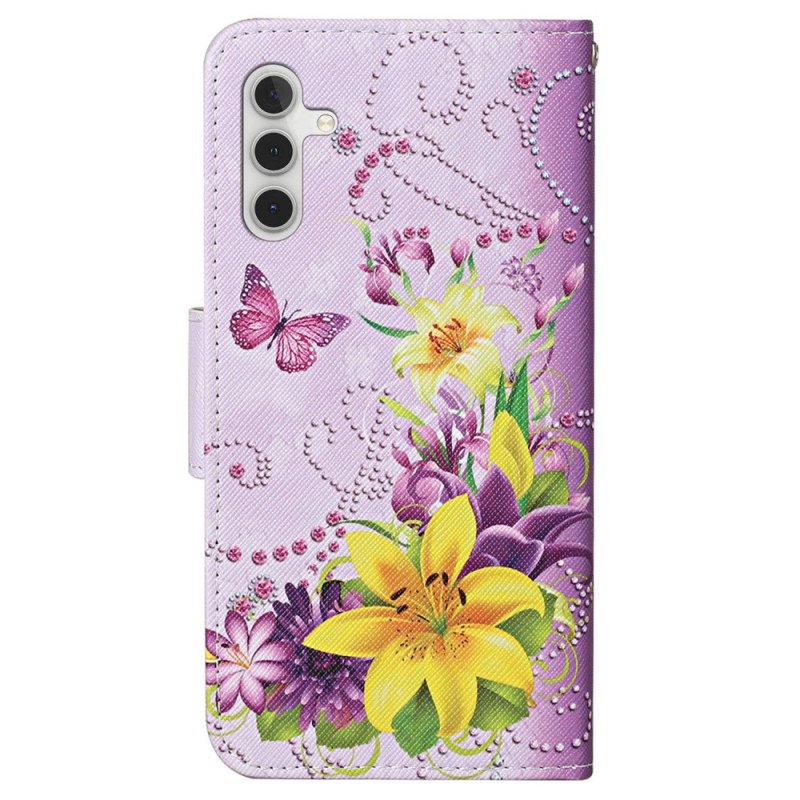 Fodral Samsung Galaxy A15 5g Gula Blommor Och Fjärilar Med Rem