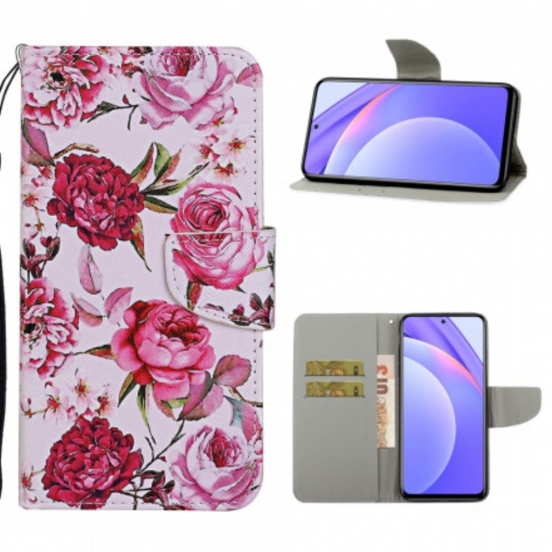 Fodral Xiaomi Redmi Note 9 Pro 5G Mästerliga Blommor Med Rem