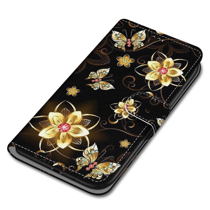 Fodral Xiaomi Redmi 10A Med Kedjar Guld Rem Blommor