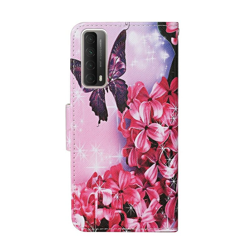 Folio-fodral Huawei P Smart 2021 Butterflies Floral Lanyard