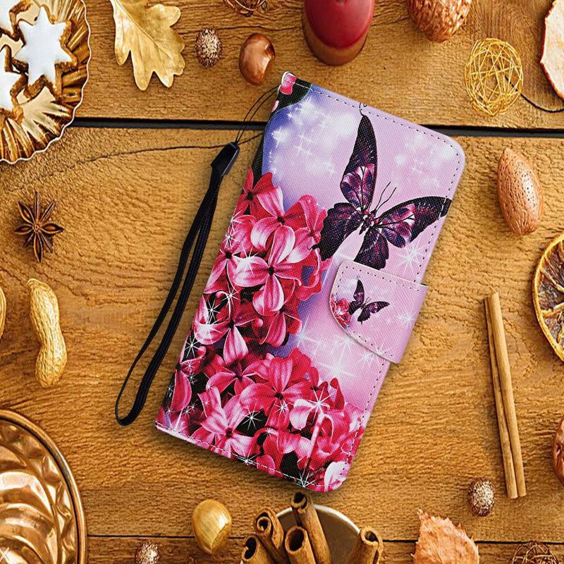 Folio-fodral Huawei P Smart 2021 Butterflies Floral Lanyard