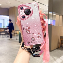 Skal För Huawei Pura 70 Pro Blommor Och Strass Med Snöre