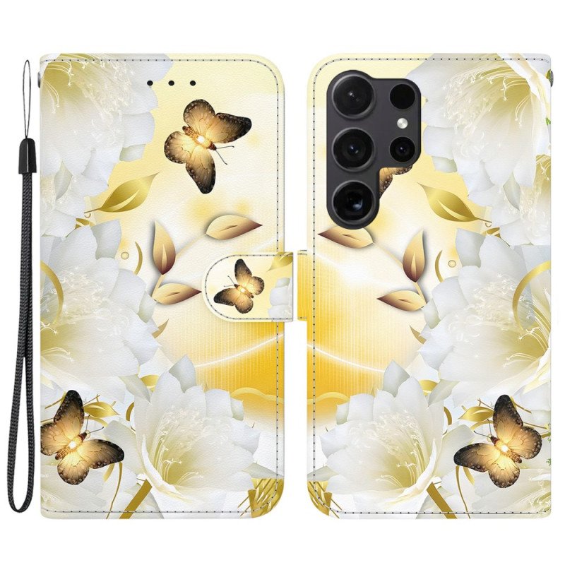 Fodral Samsung Galaxy S24 Ultra 5g Gyllene Fjärilar Och Vita Blommor Med Rem