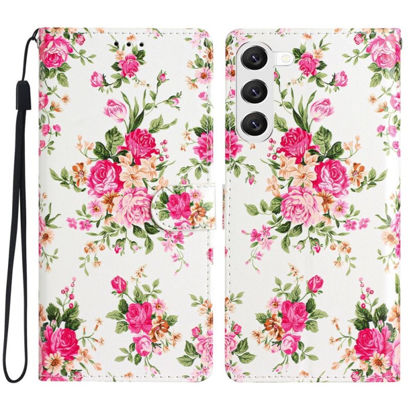 Läderfodral Samsung Galaxy S24 Plus 5g Telefonfodral Röda Blommor Med Rem