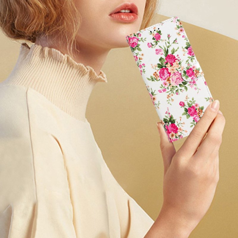 Läderfodral Samsung Galaxy S24 Plus 5g Telefonfodral Röda Blommor Med Rem