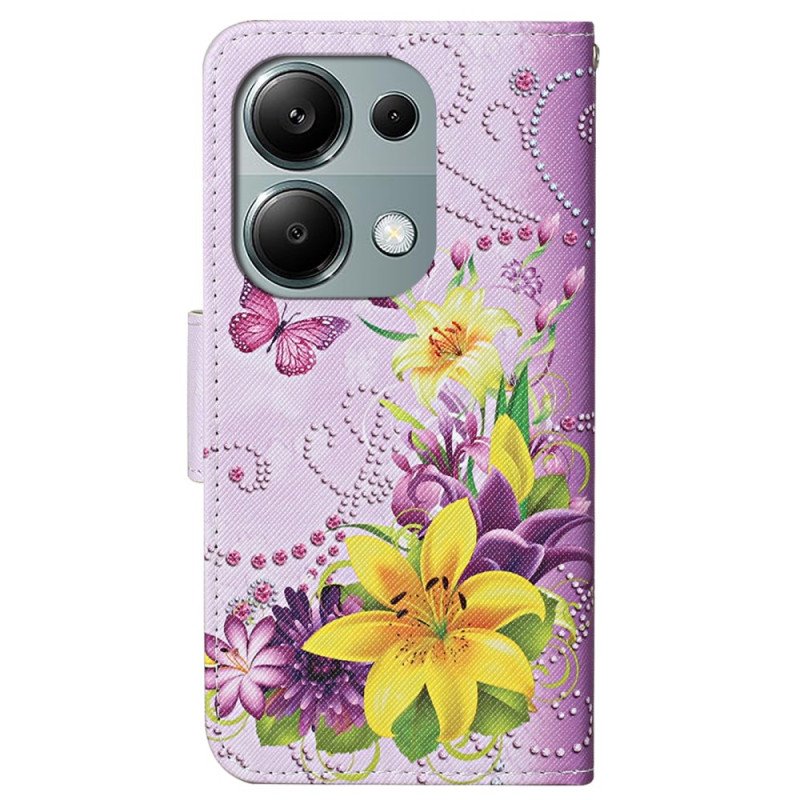 Läderskal Fodral Xiaomi Redmi Note 13 Pro 4g Gula Blommor Och Fjärilar Med Rem