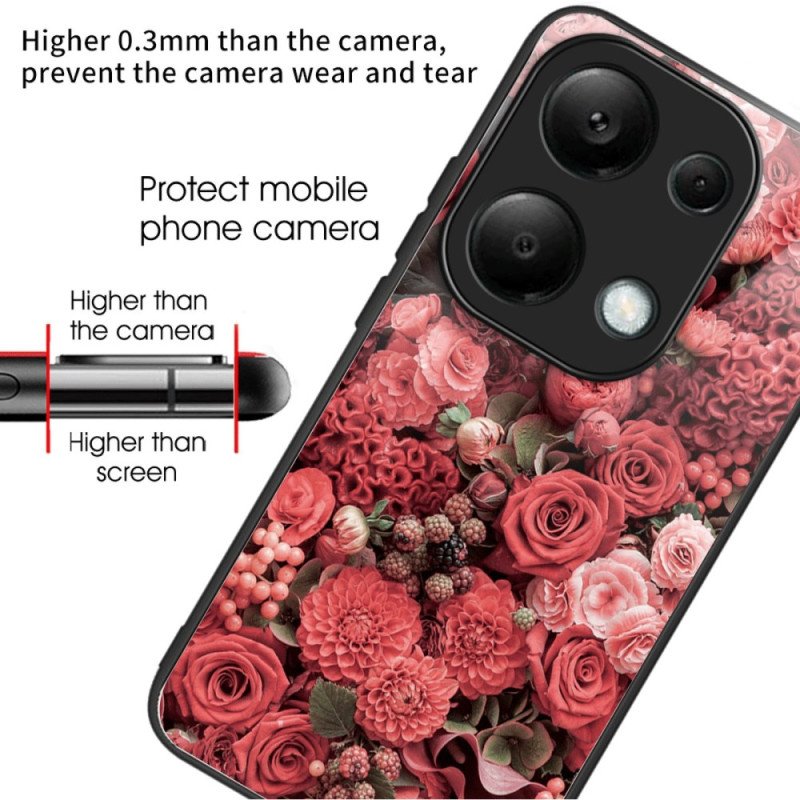 Skal För Xiaomi Redmi Note 13 Pro 4g Härdat Glas Röda Och Rosa Blommor