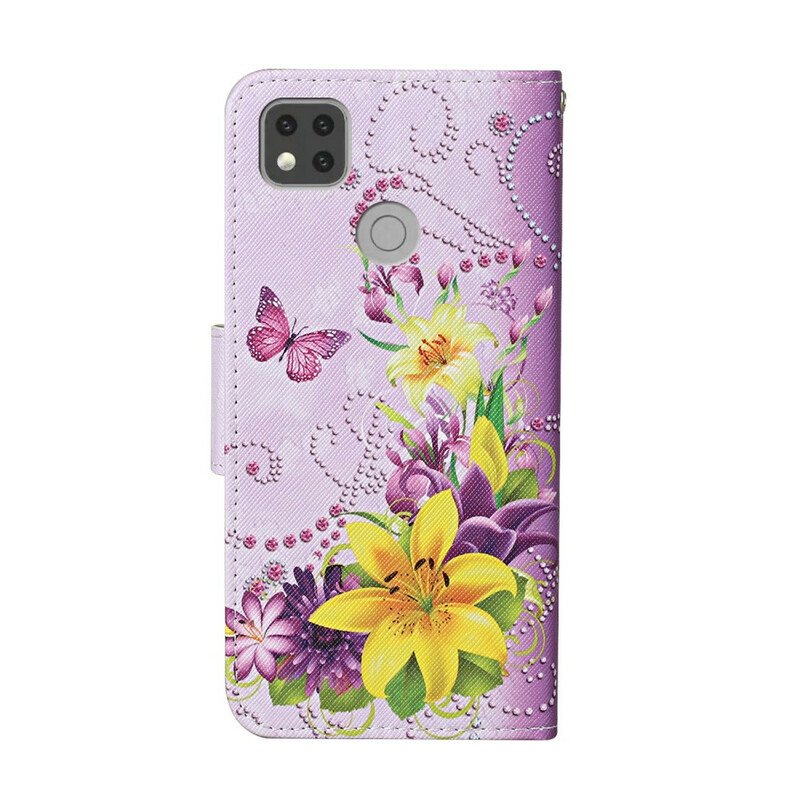 Folio-fodral Xiaomi Redmi 9C Med Kedjar Södra Fjärilar Och Blommor String