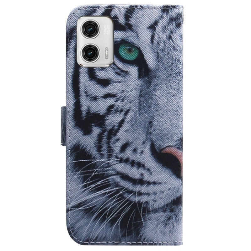 Fodral Moto G73 5G Med Kedjar Strappy White Tiger