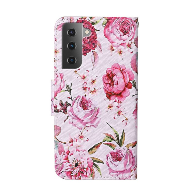 Fodral Samsung Galaxy S22 Plus 5G Mästerliga Blommor Med Rem