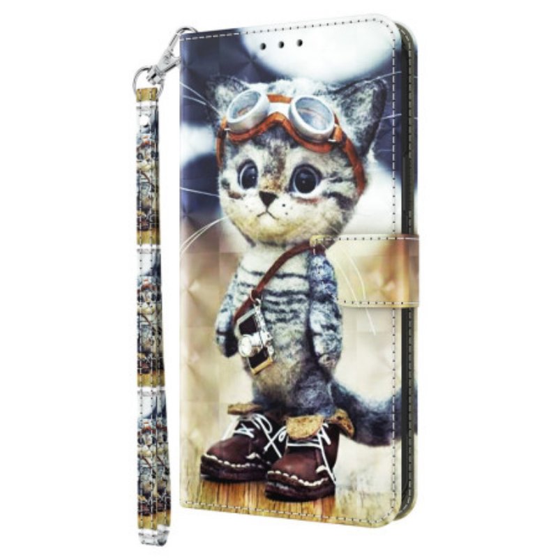 Läderfodral Poco C61 Telefonfodral Aviator Cat Med Rem