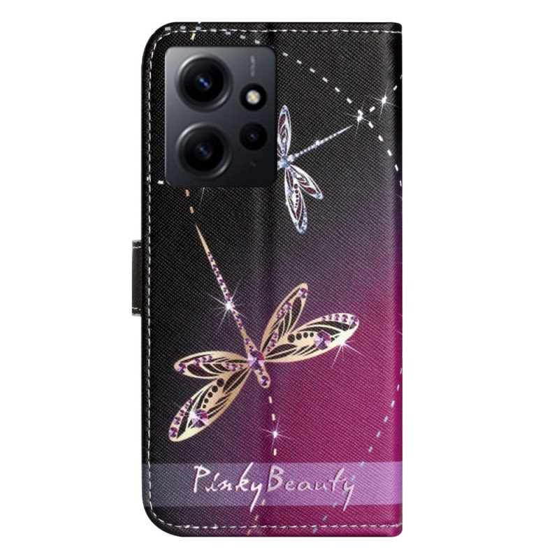 Läderfodral Xiaomi Redmi Note 12 4G Med Kedjar Strappy Dragonflies