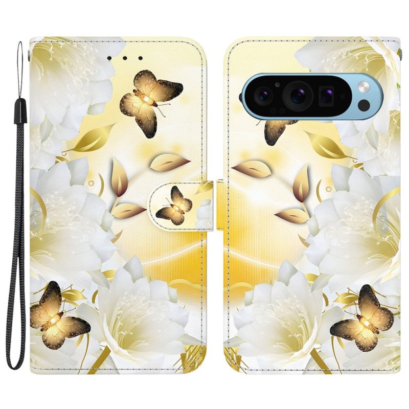 Fodral Google Pixel 9 Gyllene Fjärilar Och Vita Blommor Med Rem