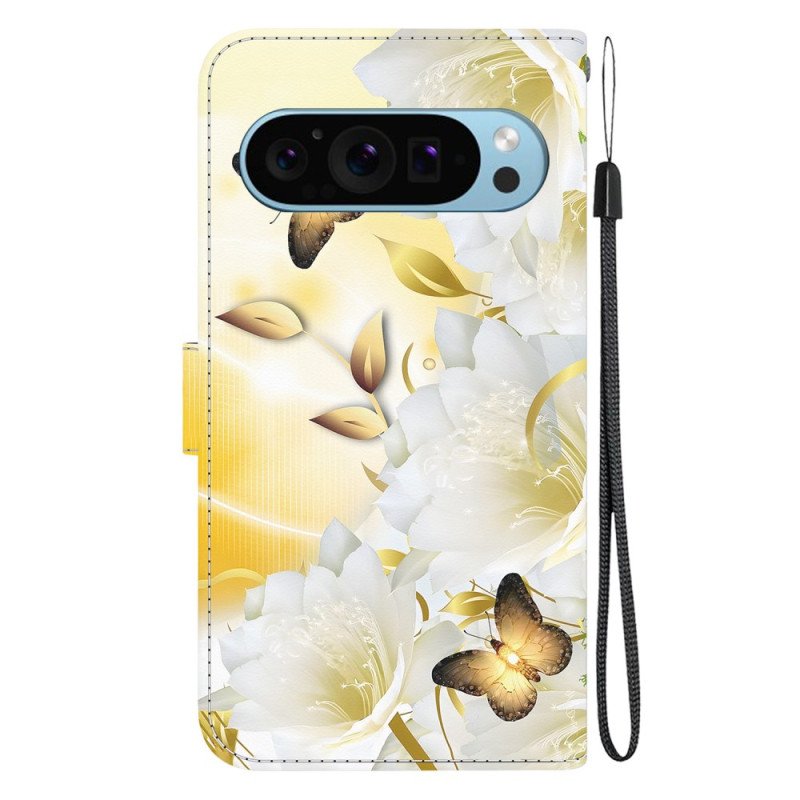 Fodral Google Pixel 9 Gyllene Fjärilar Och Vita Blommor Med Rem