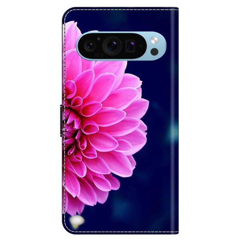 Läderfodral Google Pixel 9 Telefonfodral Rosa Blomma På Blå Bakgrund