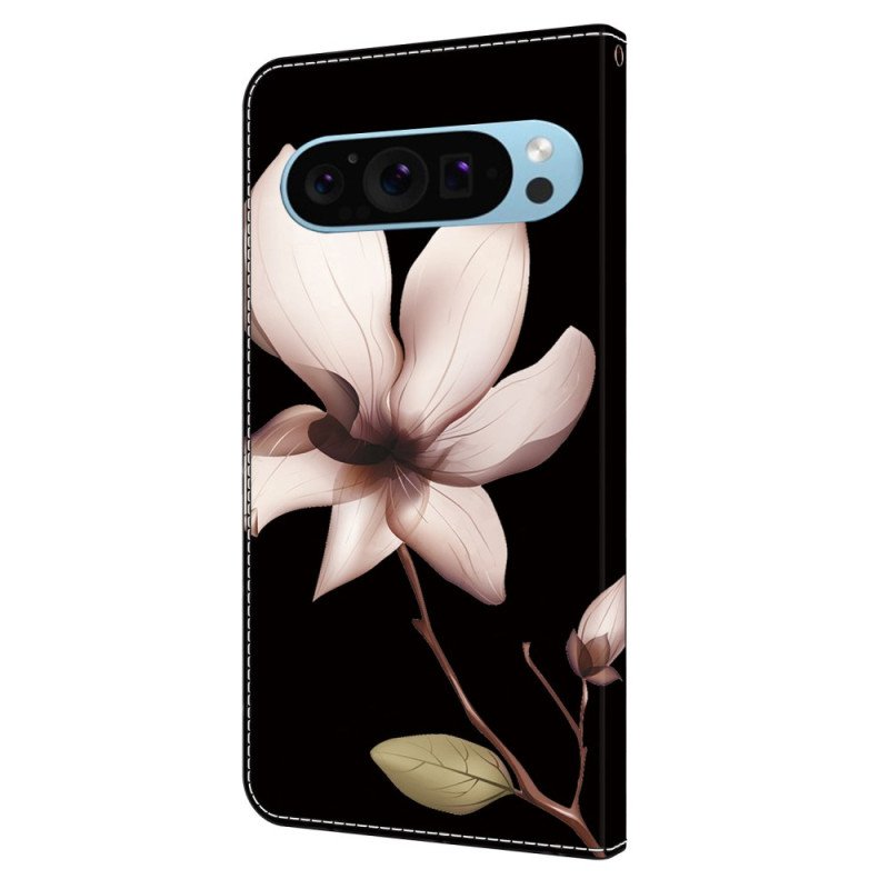 Läderskal Fodral Google Pixel 9 Rosa Blomma På Svart Bakgrund