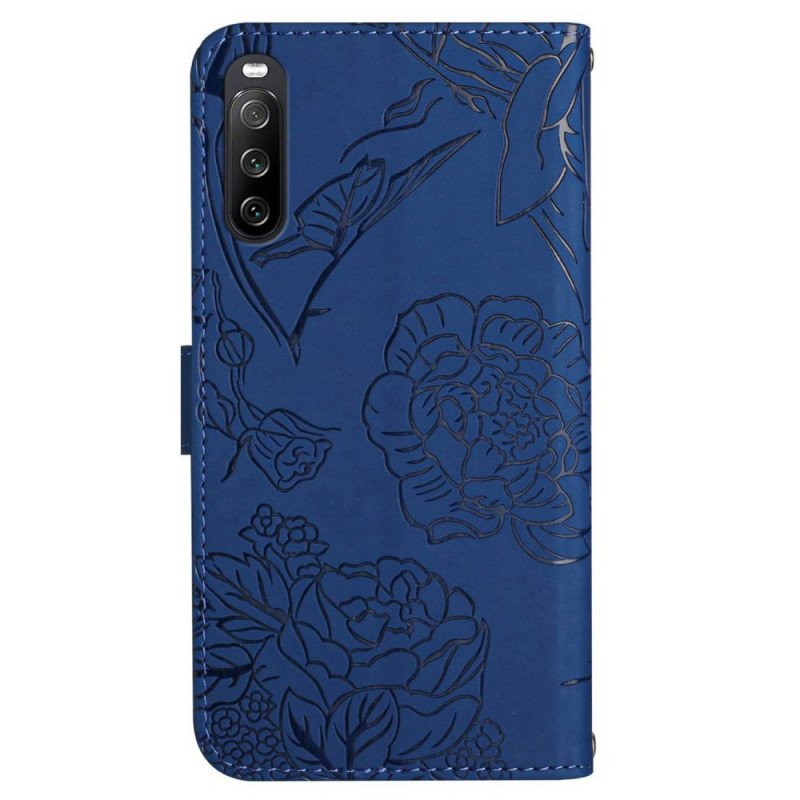 Läderfodral Sony Xperia 10 Vi Telefonfodral Fjärilstryck Med Rem