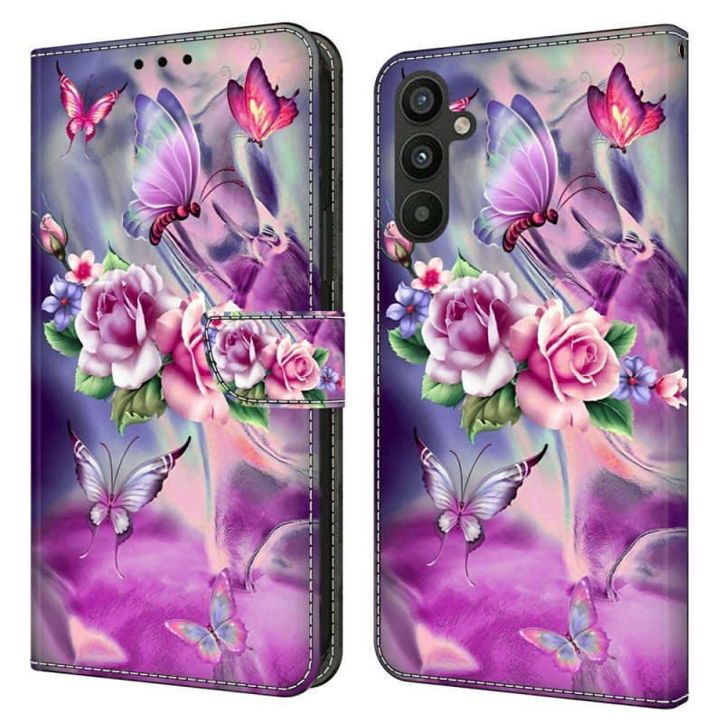 Fodral Samsung Galaxy A15 Lila Fjärilar Och Blommor