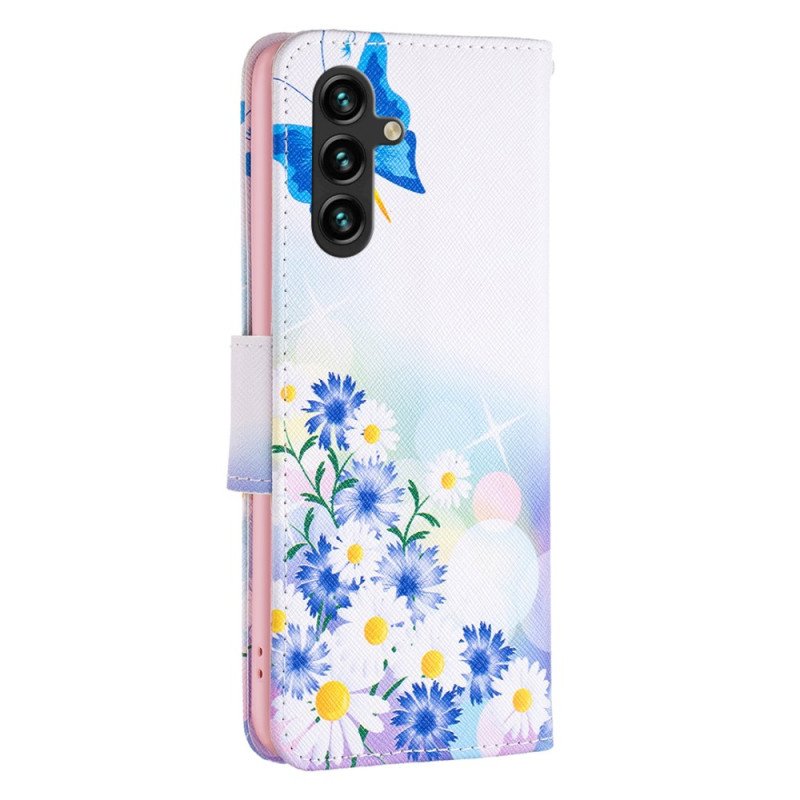 Läderfodral Samsung Galaxy A15 Telefonfodral Fjäril Och Blommor Akvarell