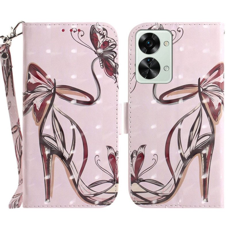 Läderfodral OnePlus Nord 2T 5G Med Kedjar Strappy Butterfly High Heels