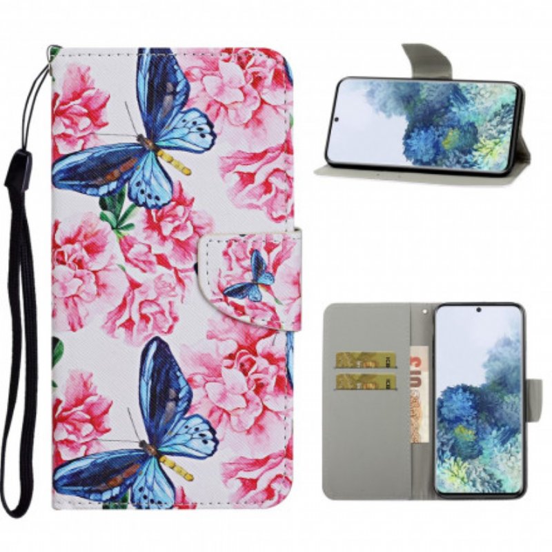 Folio-fodral Samsung Galaxy S21 Ultra 5G Butterflies Floral Lanyard