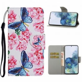 Folio-fodral Samsung Galaxy S21 Ultra 5G Butterflies Floral Lanyard