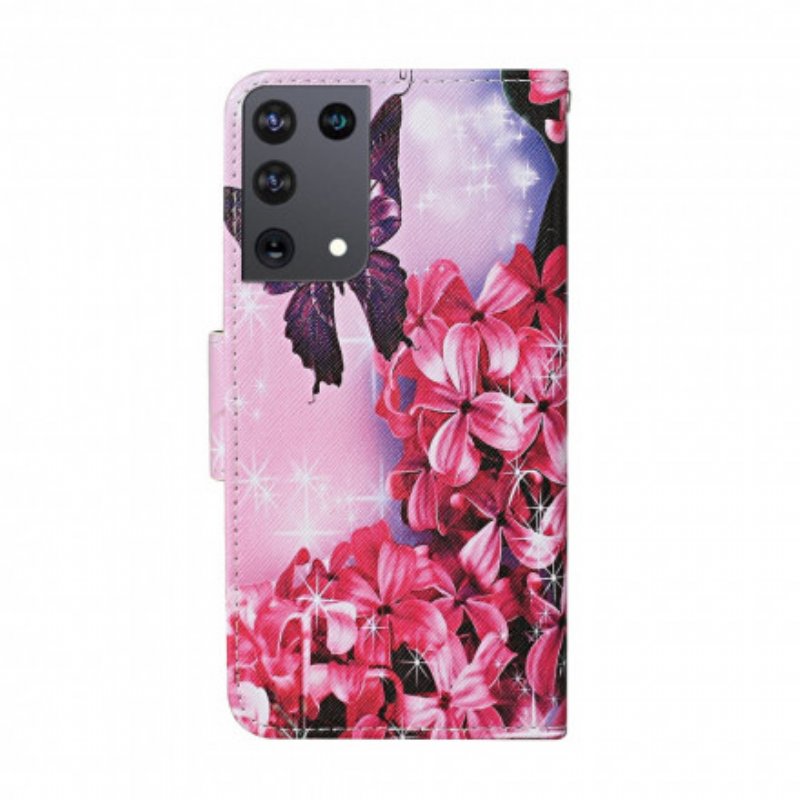 Folio-fodral Samsung Galaxy S21 Ultra 5G Butterflies Floral Lanyard