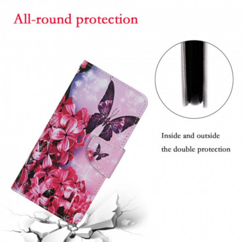 Folio-fodral Samsung Galaxy S21 Ultra 5G Butterflies Floral Lanyard