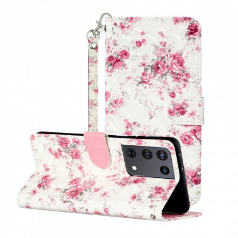 Folio-fodral Samsung Galaxy S21 Ultra 5G Med Kedjar Strap Light Spot Flowers