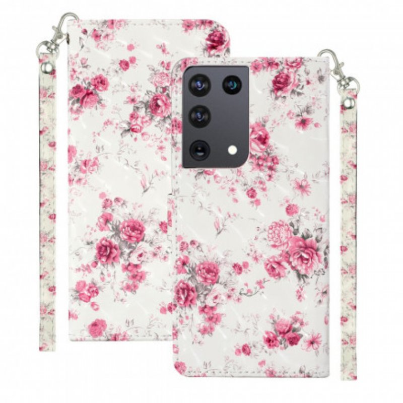 Folio-fodral Samsung Galaxy S21 Ultra 5G Med Kedjar Strap Light Spot Flowers