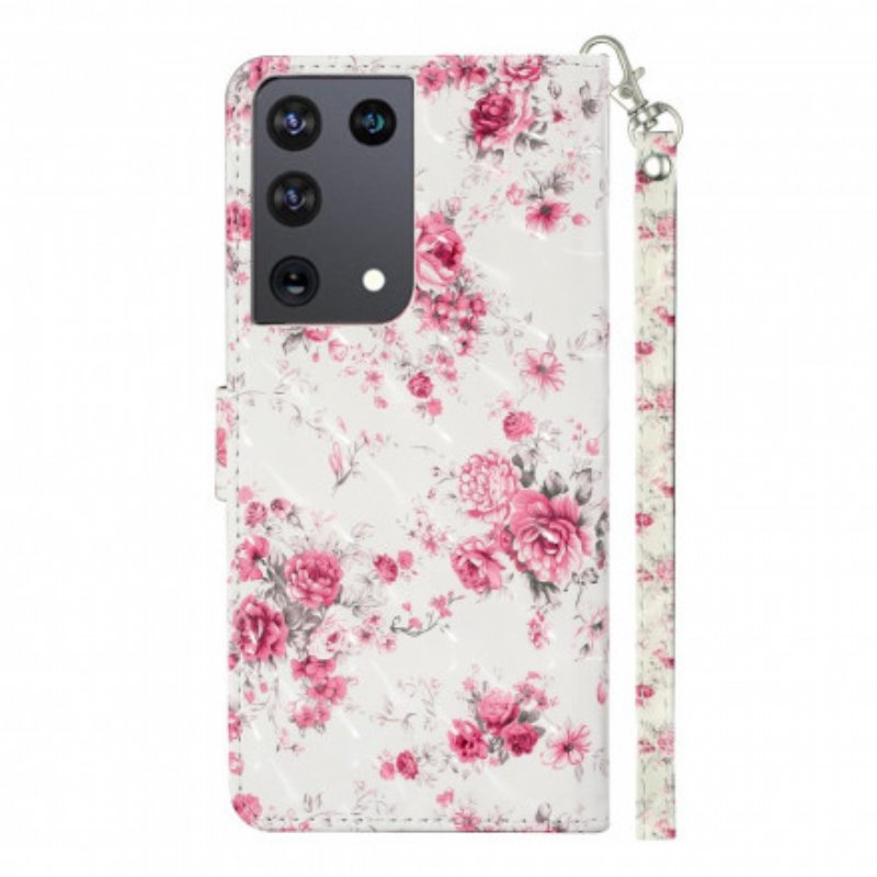 Folio-fodral Samsung Galaxy S21 Ultra 5G Med Kedjar Strap Light Spot Flowers