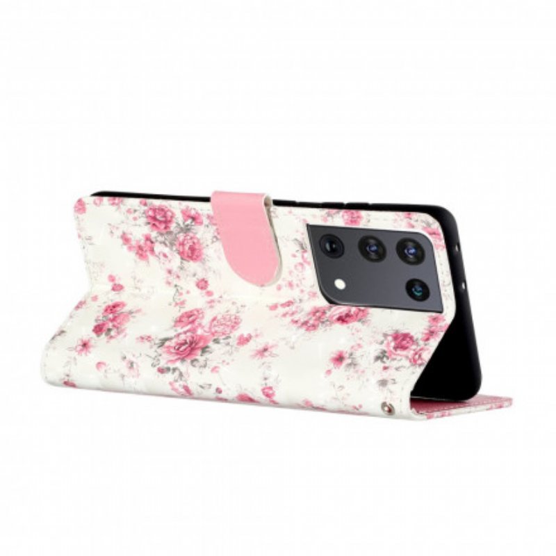 Folio-fodral Samsung Galaxy S21 Ultra 5G Med Kedjar Strap Light Spot Flowers