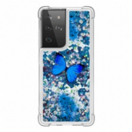 Skal Samsung Galaxy S21 Ultra 5G Glitter Blå Fjärilar