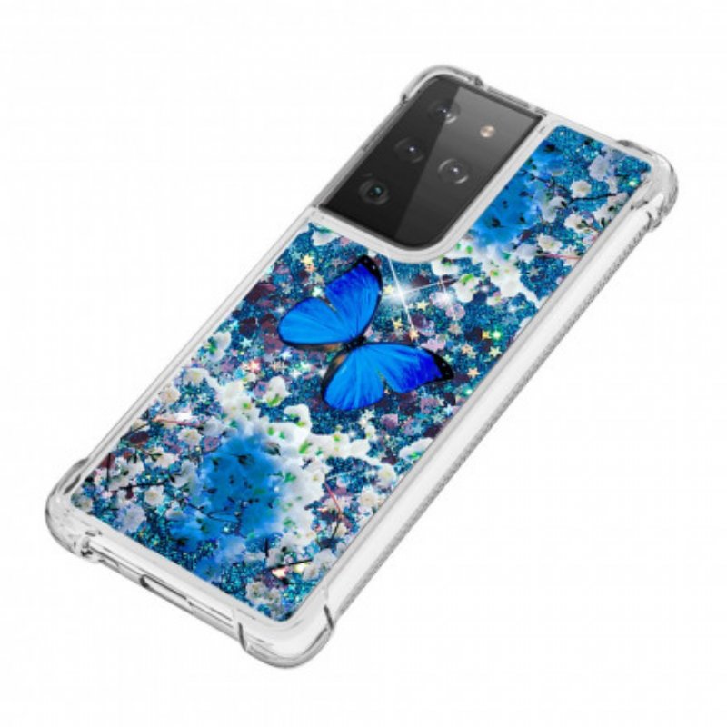 Skal Samsung Galaxy S21 Ultra 5G Glitter Blå Fjärilar