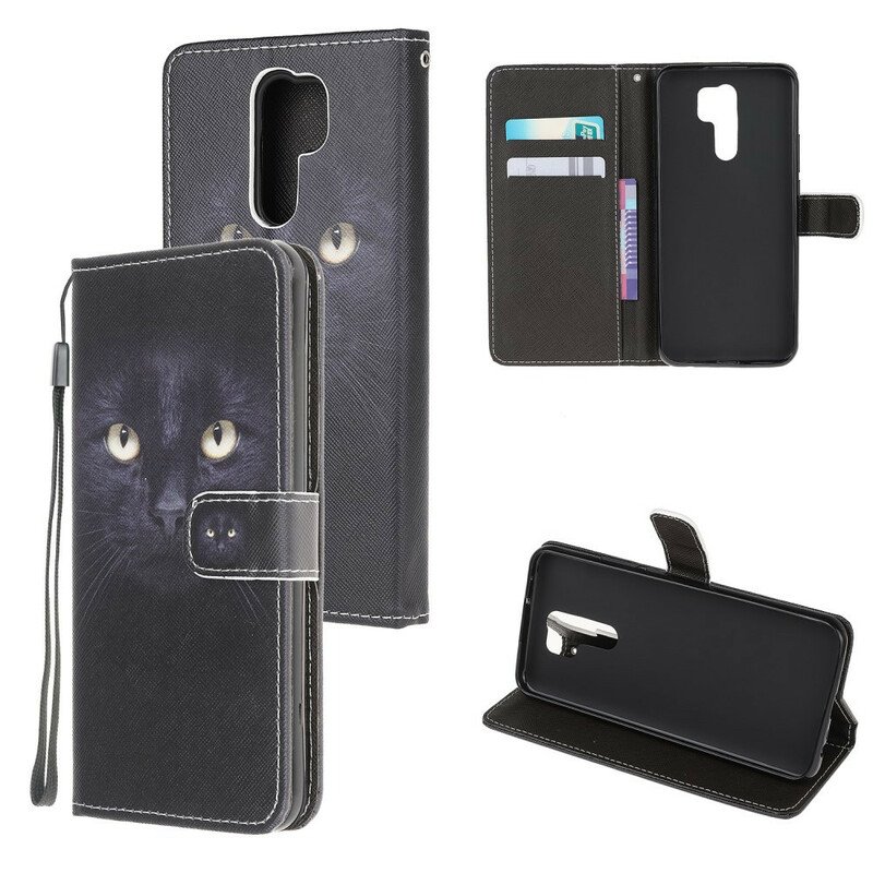 Folio-fodral Xiaomi Redmi 9 Med Kedjar Strappy Black Cat Eyes