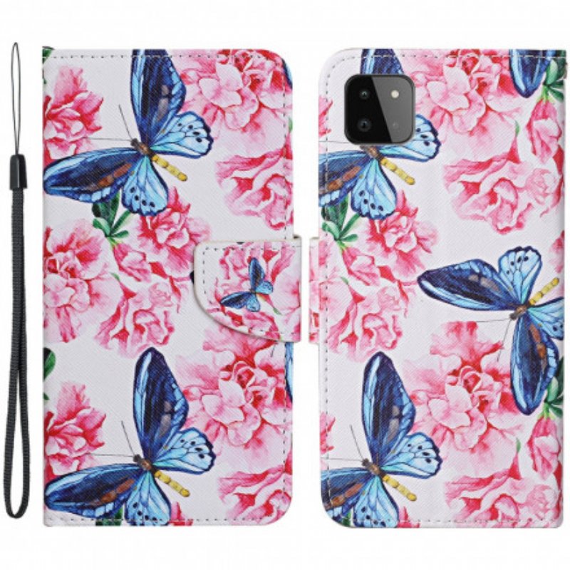 Fodral Samsung Galaxy A22 5G Butterflies Floral Lanyard