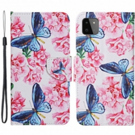 Fodral Samsung Galaxy A22 5G Butterflies Floral Lanyard