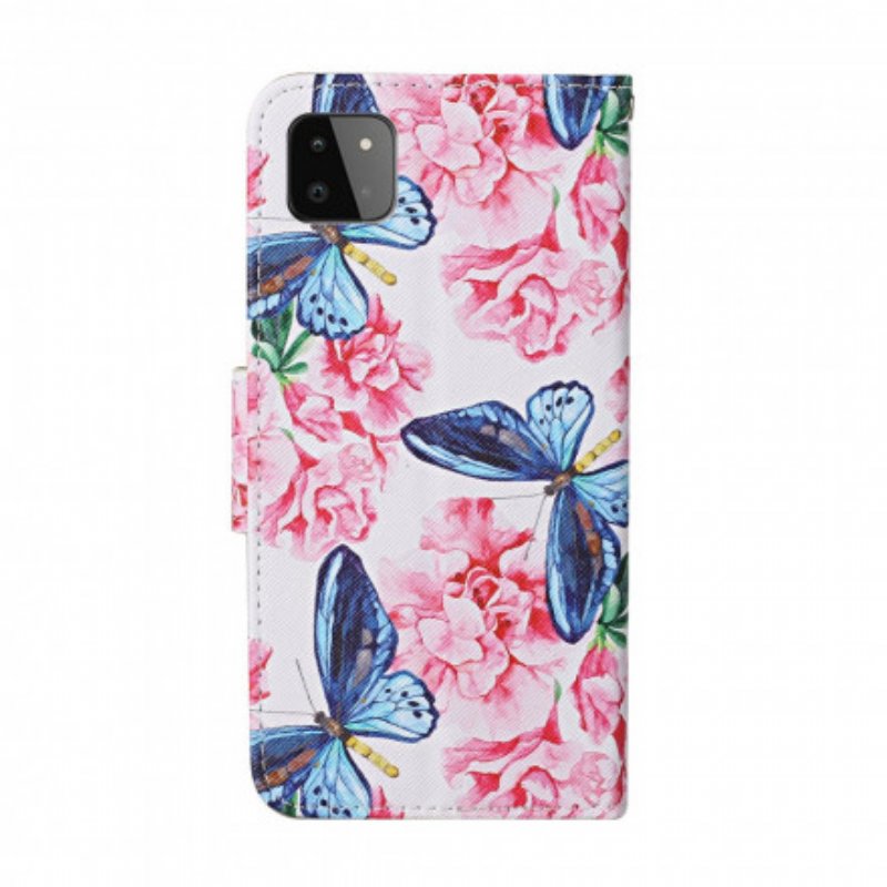 Fodral Samsung Galaxy A22 5G Butterflies Floral Lanyard