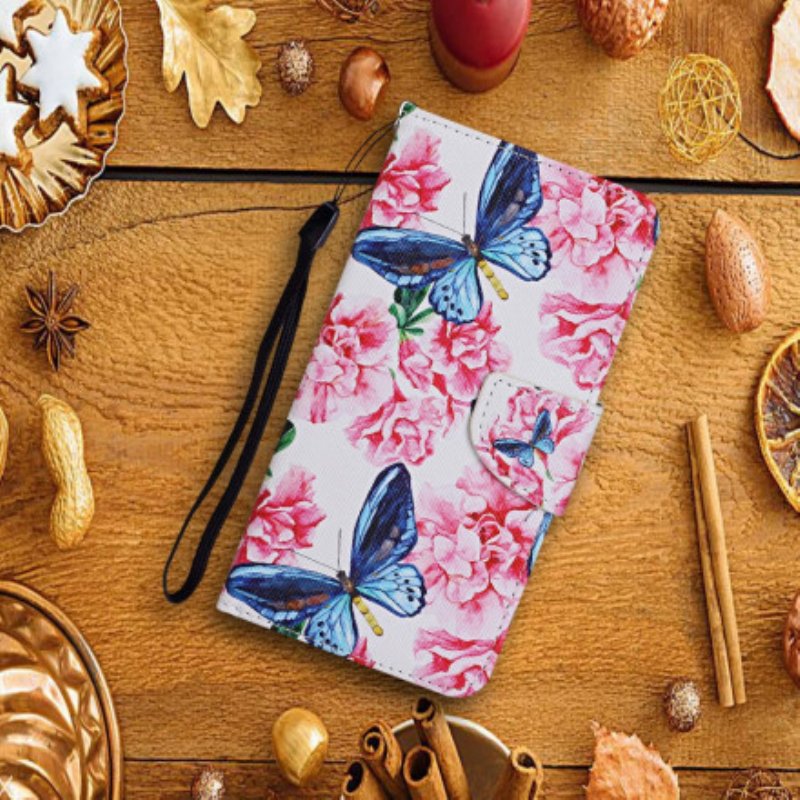 Fodral Samsung Galaxy A22 5G Butterflies Floral Lanyard