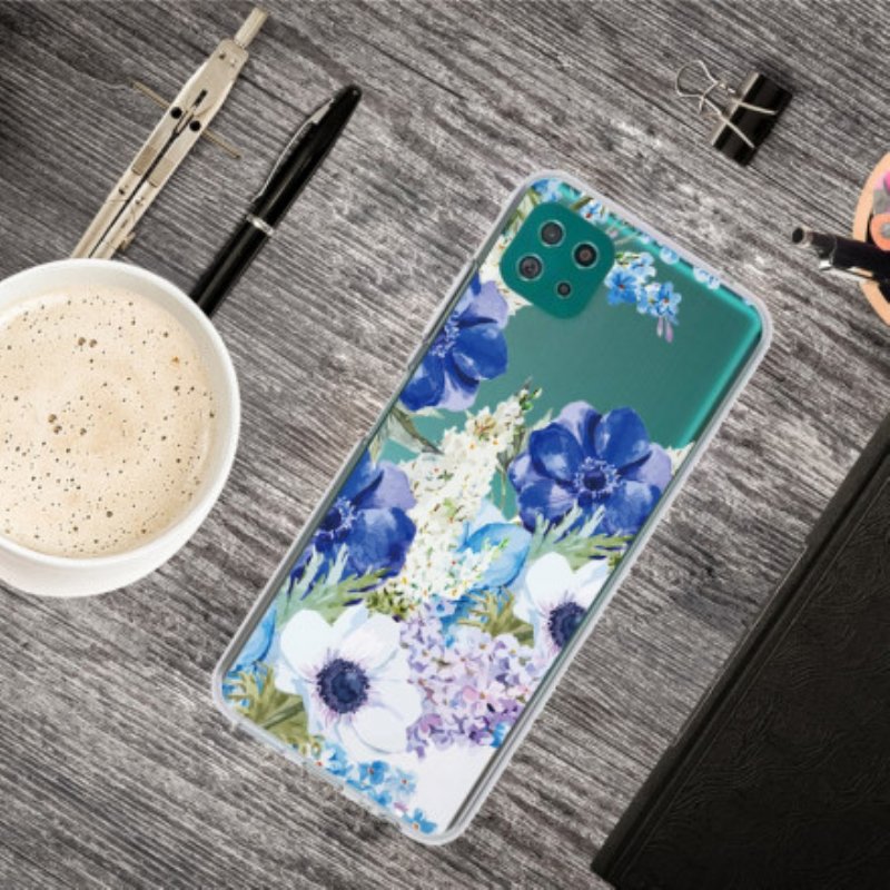 Mobilskal Samsung Galaxy A22 5G Sömlös Akvarell Blå Blommor