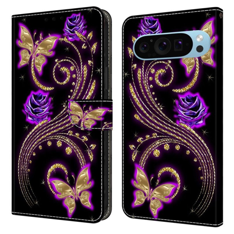 Läderfodral Google Pixel 9 Pro Xl Telefonfodral Violettblommor Och Fjärilar