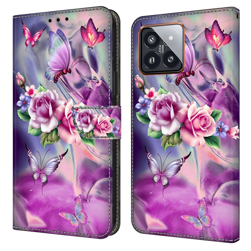 Fodral Xiaomi 14 Pro Lila Fjärilar Och Blommor