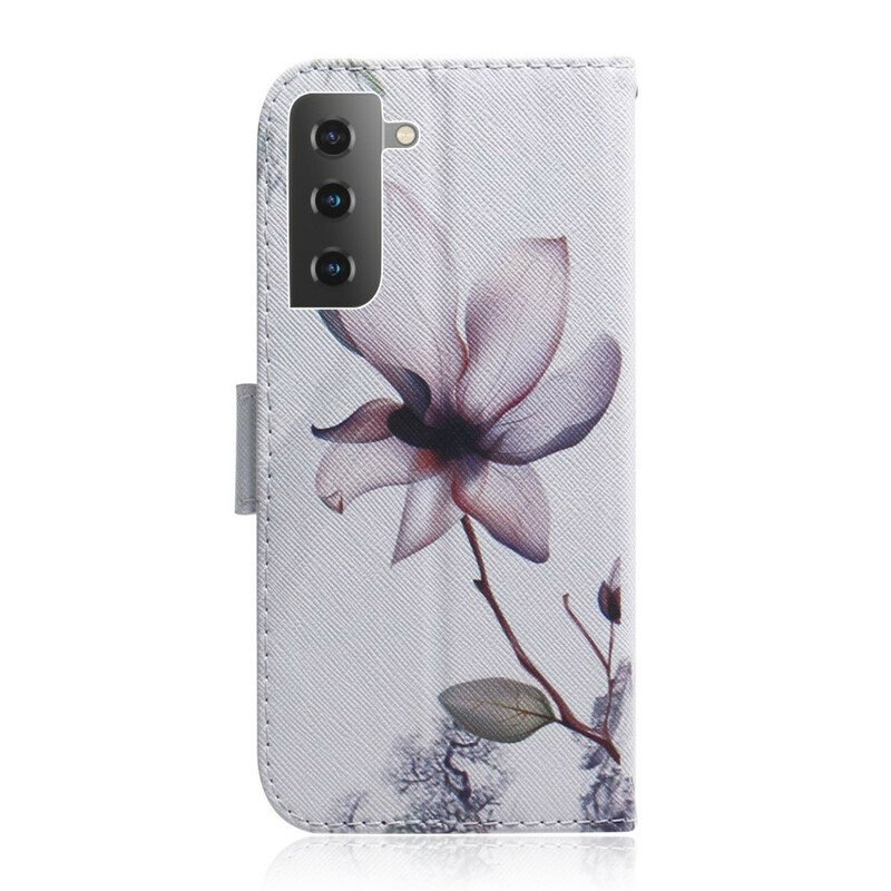 Läderfodral Samsung Galaxy S21 5G Blomma Dusty Pink