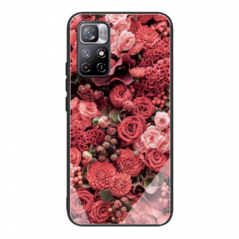 Mobilskal Poco M4 Pro 5G Rosa Blommor Härdat Glas