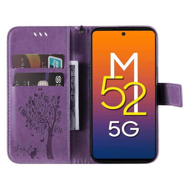 Fodral Samsung Galaxy M52 5G Blommande Träd Och Katt