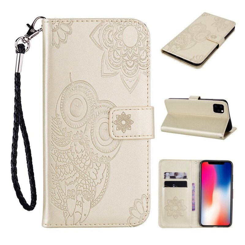 Folio-fodral iPhone 12 / 12 Pro Uggla Mandala Och Lanyard