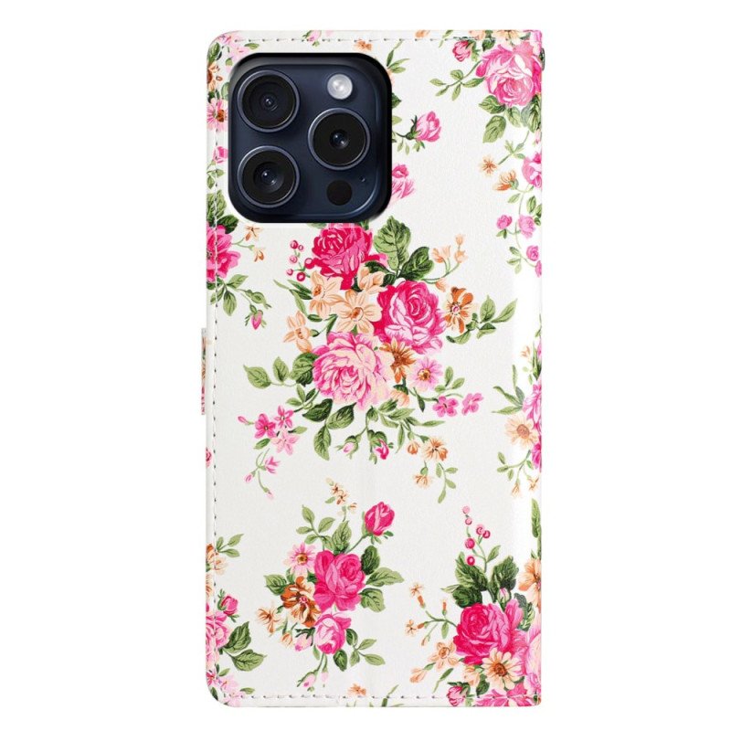 Läderfodral iPhone 16 Pro Max Telefonfodral Röda Blommor Med Rem