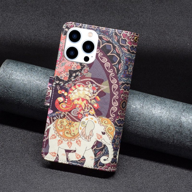 Läderskal Fodral iPhone 16 Pro Max Tribal Elephant Plånbok Med Rem