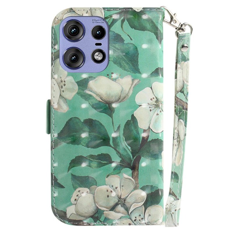 Läderskal Fodral Motorola Edge 50 Pro Vita Blommor Med Rem